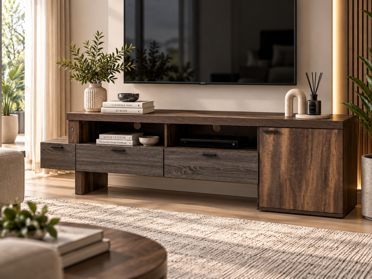 berlin-tv-stand Berlin TV stand with rich wood finish, drawers, open shelving and enclosed cabinet storage