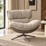 Calara beige textured swivel accent chair with plush cushions and four-star metal base