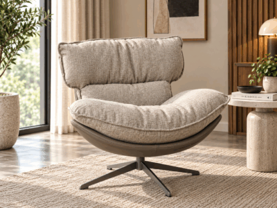 Calara beige textured swivel accent chair with plush cushions and four-star metal base