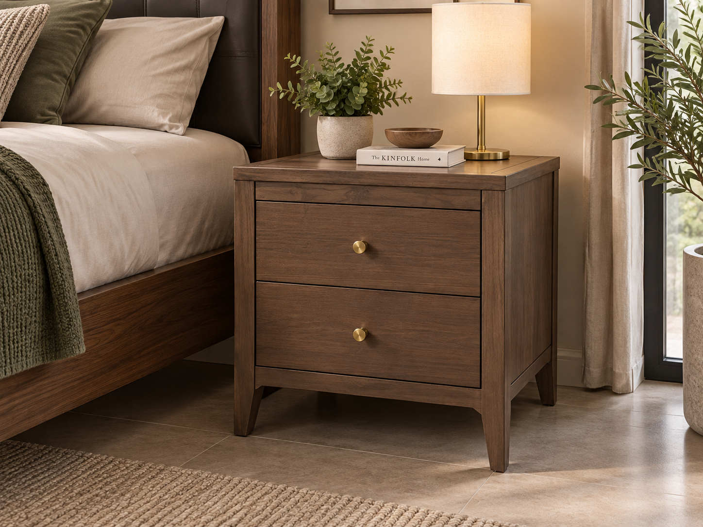 carlton-bedside Carlton Bedside Table with two drawers and rich walnut wood finish