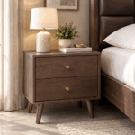Dunton bedside table with two drawers, warm walnut finish and tapered wooden legs