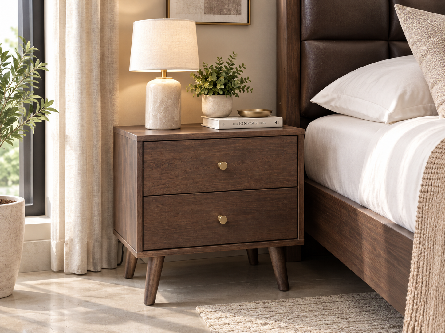 danto-sidebed Dunton bedside table with two drawers, warm walnut finish and tapered wooden legs