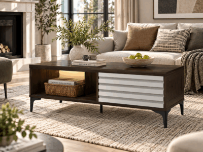 Dayton coffee table with dark wood finish, white slatted storage panel and open shelf