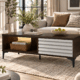 Dayton coffee table with dark wood finish, white slatted storage panel and open shelf