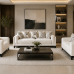 Drift 6 seater sofa in cream upholstery with matching armchairs in an elegant living room