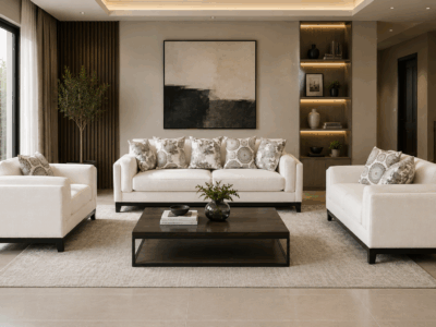 Drift 6 seater sofa in cream upholstery with matching armchairs in an elegant living room