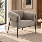 Elara grey textured upholstered accent chair with curved arms and black metal frame