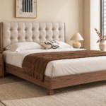 Hampton King Bed with beige tufted upholstered headboard and warm wood frame
