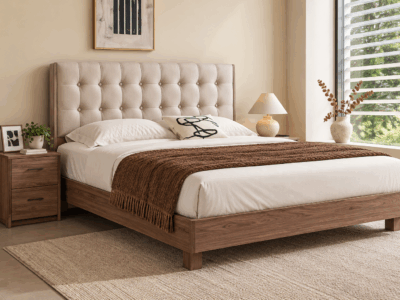 Hampton King Bed with beige tufted upholstered headboard and warm wood frame