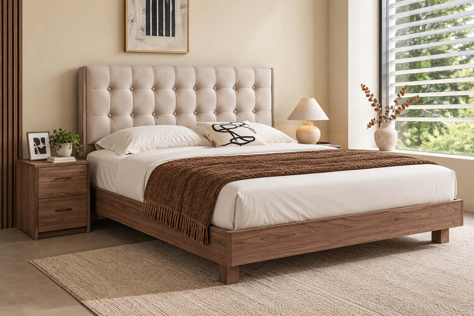 hampton-bed Hampton King Bed with beige tufted upholstered headboard and warm wood frame