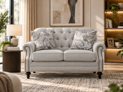 Keensburg 2 seater sofa in light beige fabric with button tufted back and rolled arms