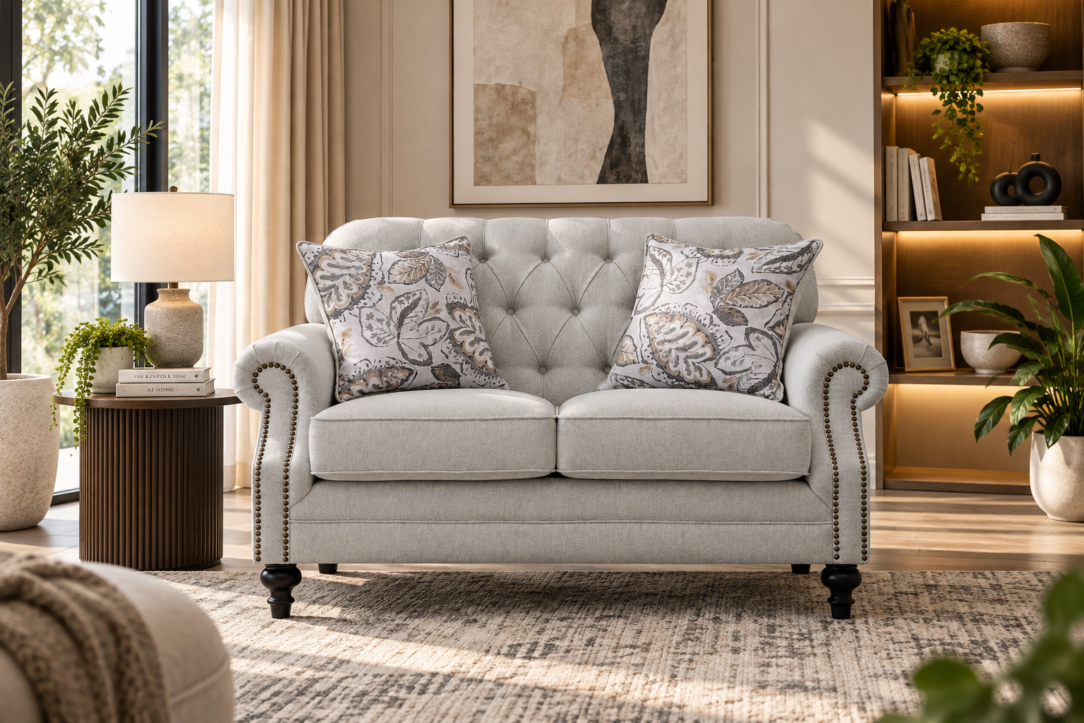 keensburg-2 Seater Keensburg 2 seater sofa in light beige fabric with button tufted back and rolled arms