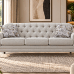 Keensburg 3 seater sofa in light beige fabric with button tufting and rolled arms