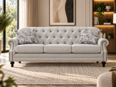 Keensburg 3 seater sofa in light beige fabric with button tufting and rolled arms