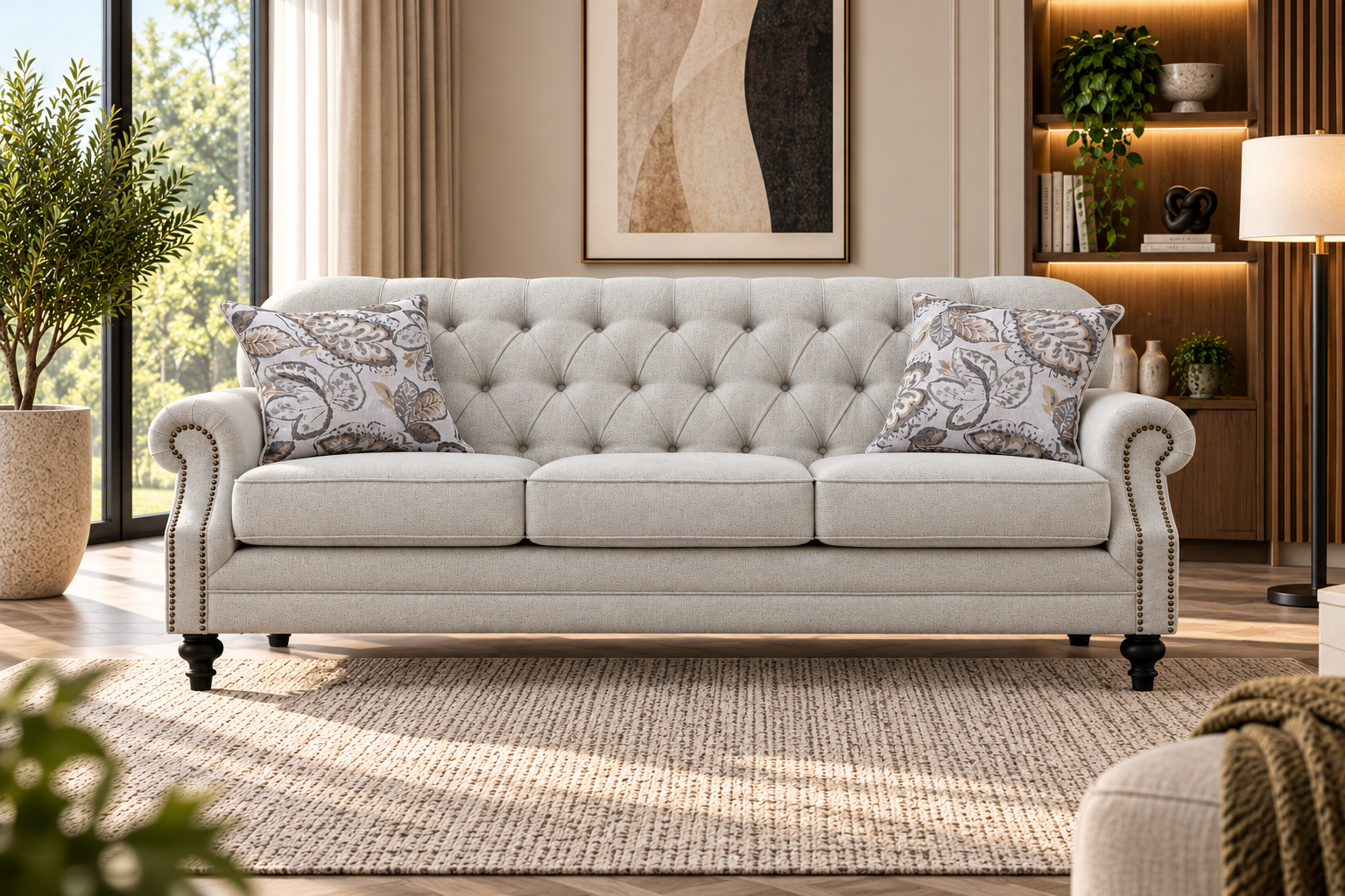 keensburg-3 seater Keensburg 3 seater sofa in light beige fabric with button tufting and rolled arms