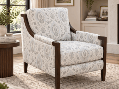 Koala accent chair with ivory patterned upholstery, dark wooden frame and cushioned seatKoala accent chair with ivory patterned upholstery, dark wooden frame and cushioned seat
