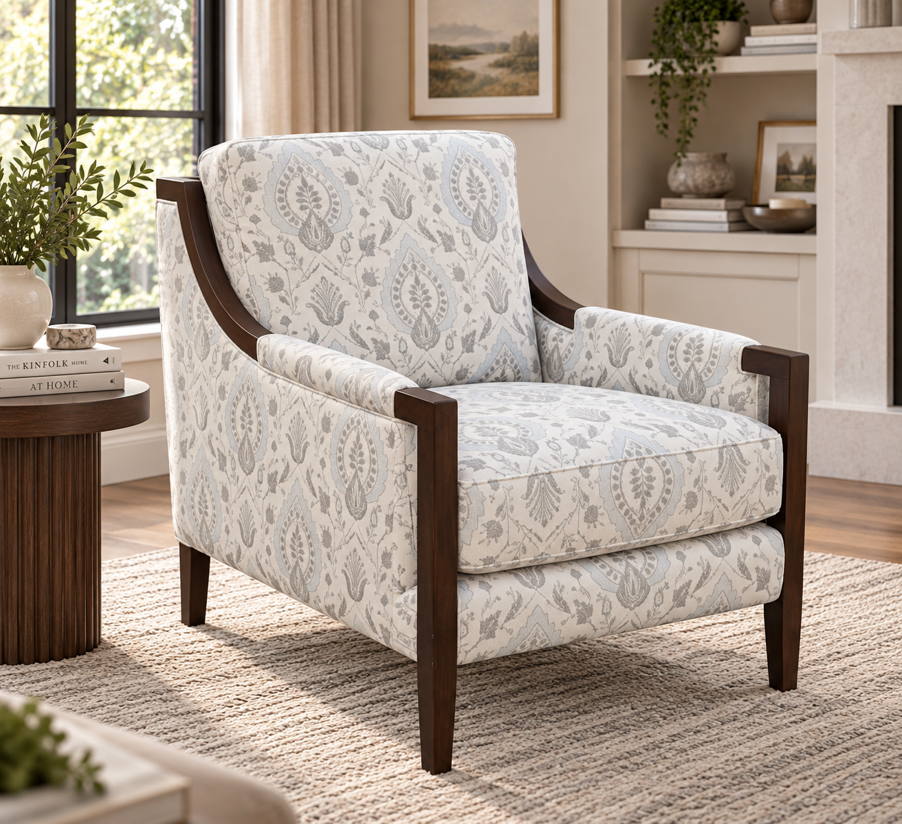 koala-accent-chair Koala accent chair with ivory patterned upholstery, dark wooden frame and cushioned seatKoala accent chair with ivory patterned upholstery, dark wooden frame and cushioned seat