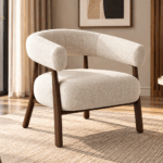 Lumara cream textured accent chair with curved upholstered backrest and dark wooden legs