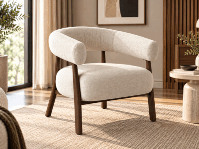 Lumara cream textured accent chair with curved upholstered backrest and dark wooden legs