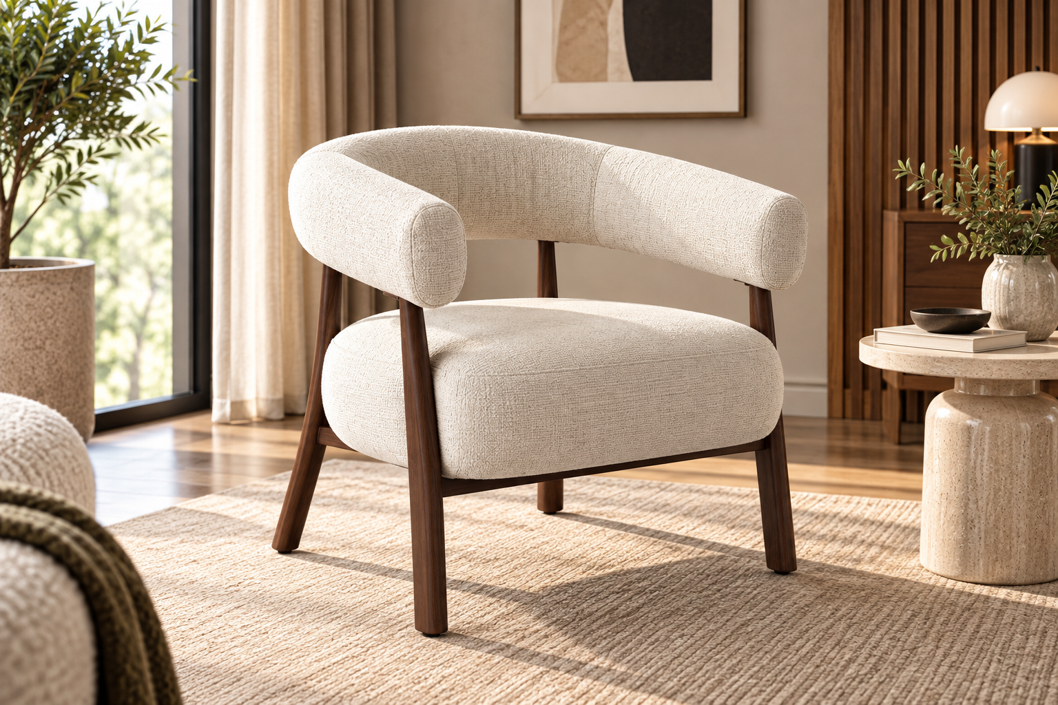 lumara Lumara cream textured accent chair with curved upholstered backrest and dark wooden legs