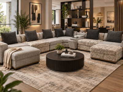 Maison corner sectional sofa with neutral upholstery and patterned cushions in a modern living room