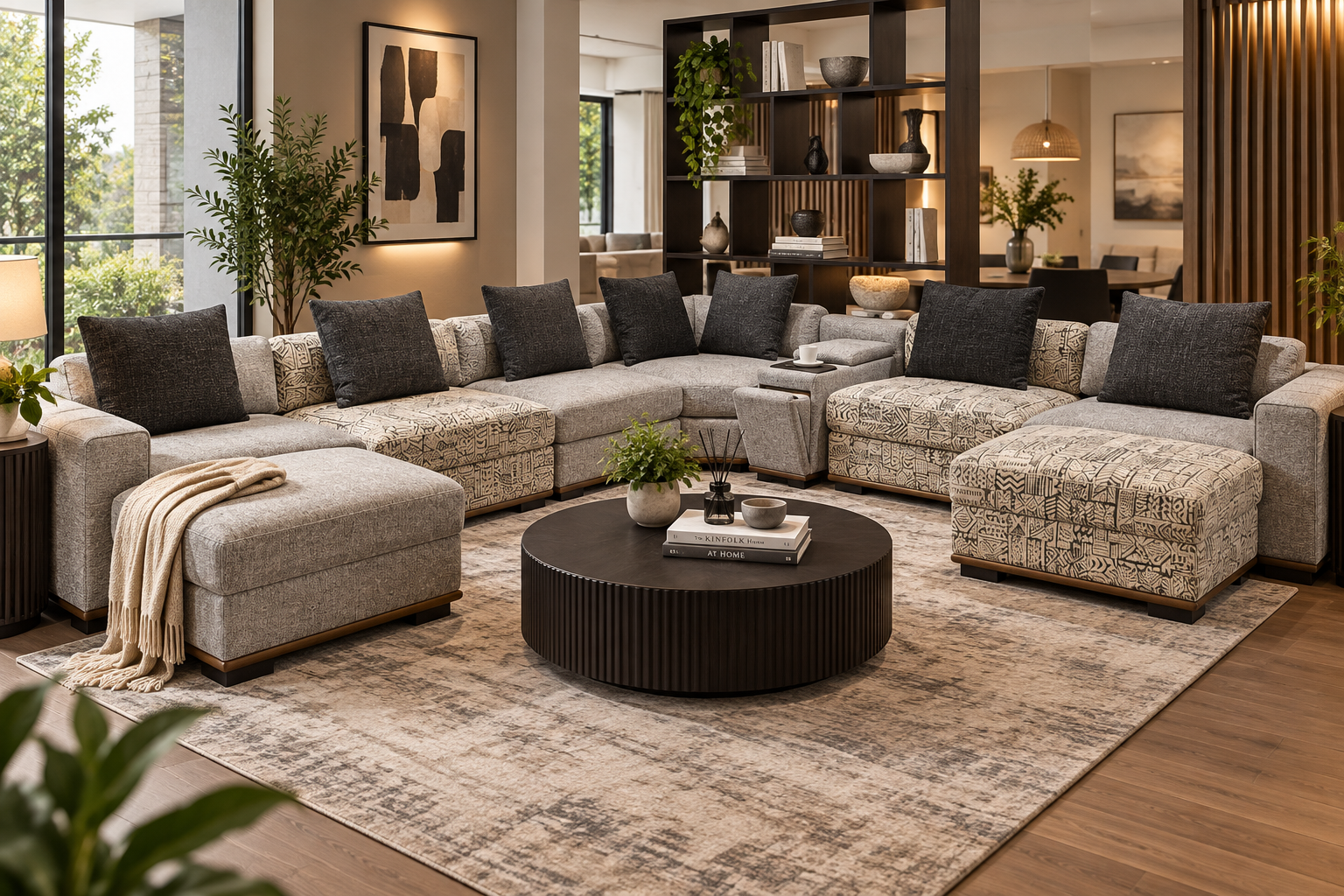 maison Maison corner sectional sofa with neutral upholstery and patterned cushions in a modern living room