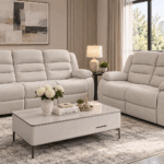 New Mandy 5 seater recliner sofa set in light neutral fabric