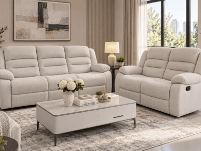 New Mandy 5 seater recliner sofa set in light neutral fabric