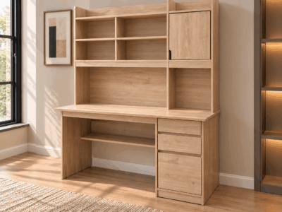 Monaco study desk with integrated shelves, cabinet and drawers in natural wood finish
