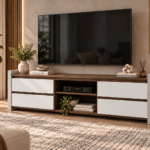 Nava TV stand with wood finish, white cabinet fronts and central open shelving