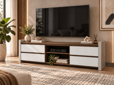 Nava TV stand with wood finish, white cabinet fronts and central open shelving