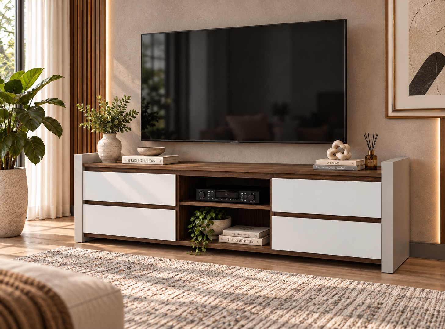 nava-tv-stand Nava TV stand with wood finish, white cabinet fronts and central open shelving