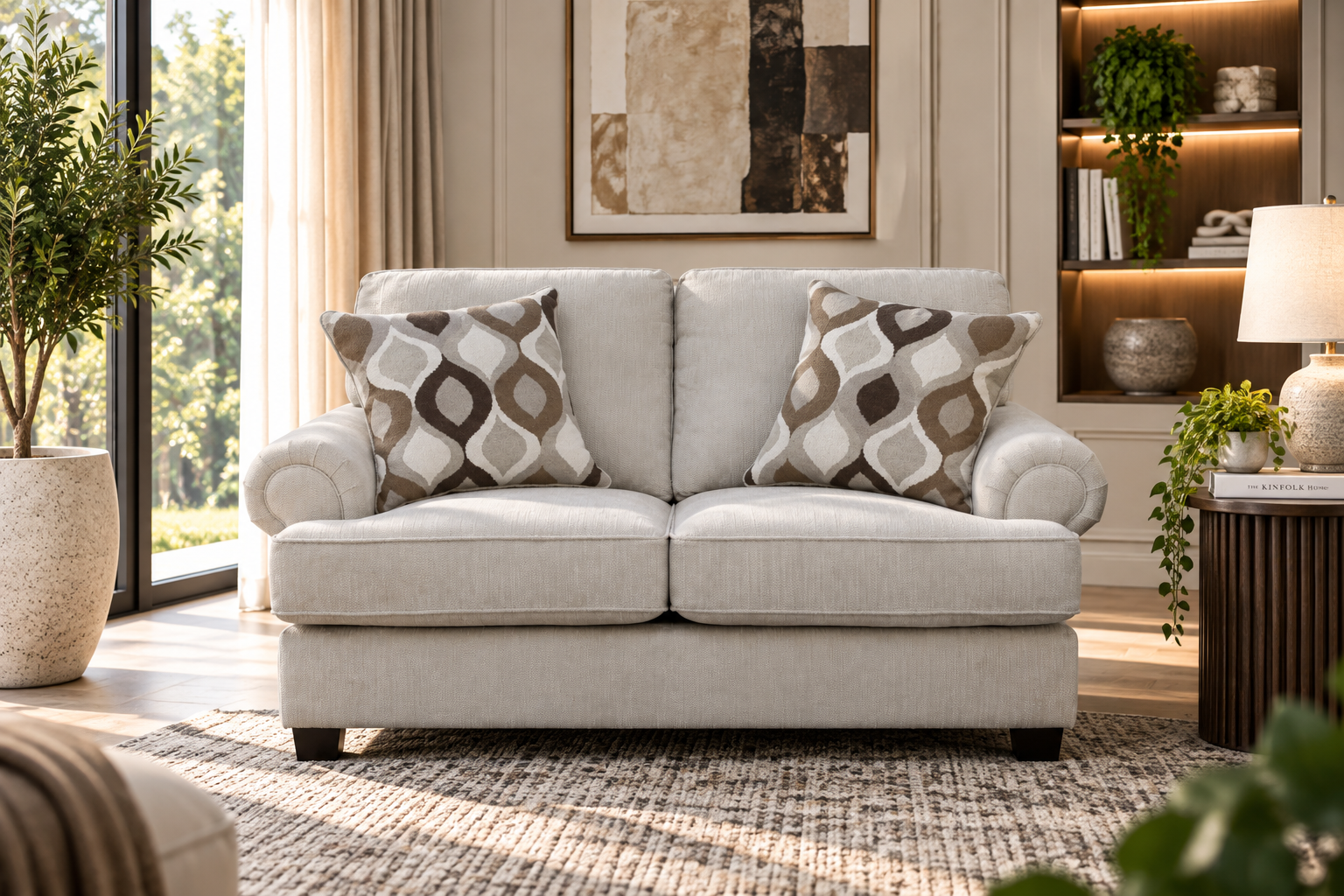 nettington-2s Nettington 2 seater beige fabric sofa with plush cushions and rounded arms
