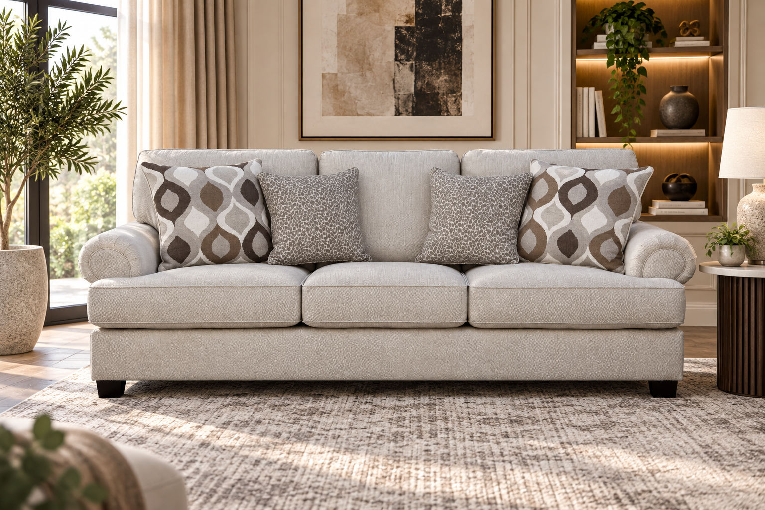 nettington-3s Nettington 3 seater beige fabric sofa with plush cushions and patterned accent pillows