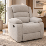 New Mandy single recliner in light neutral fabric with plush cushioning