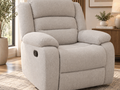 New Mandy single recliner in light neutral fabric with plush cushioning