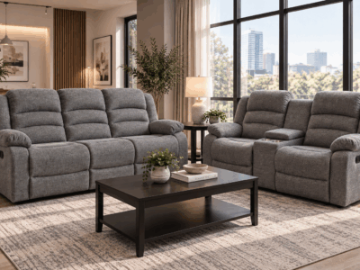 Selino 5 seater grey fabric recliner sofa set with cup holders