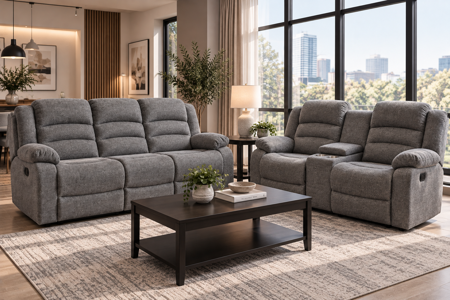 new-selino-5s Selino 5 seater grey fabric recliner sofa set with cup holders