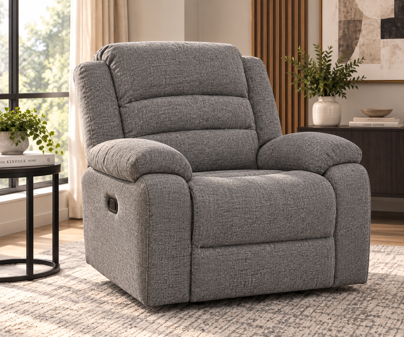 new-selino New Selino single recliner in grey fabric with plush cushioning