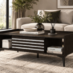 Nodi coffee table in dark wood with white textured drawer fronts and open storage shelves