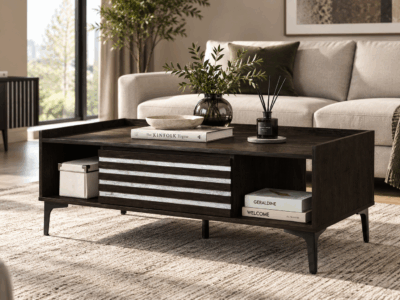 Nodi coffee table in dark wood with white textured drawer fronts and open storage shelves