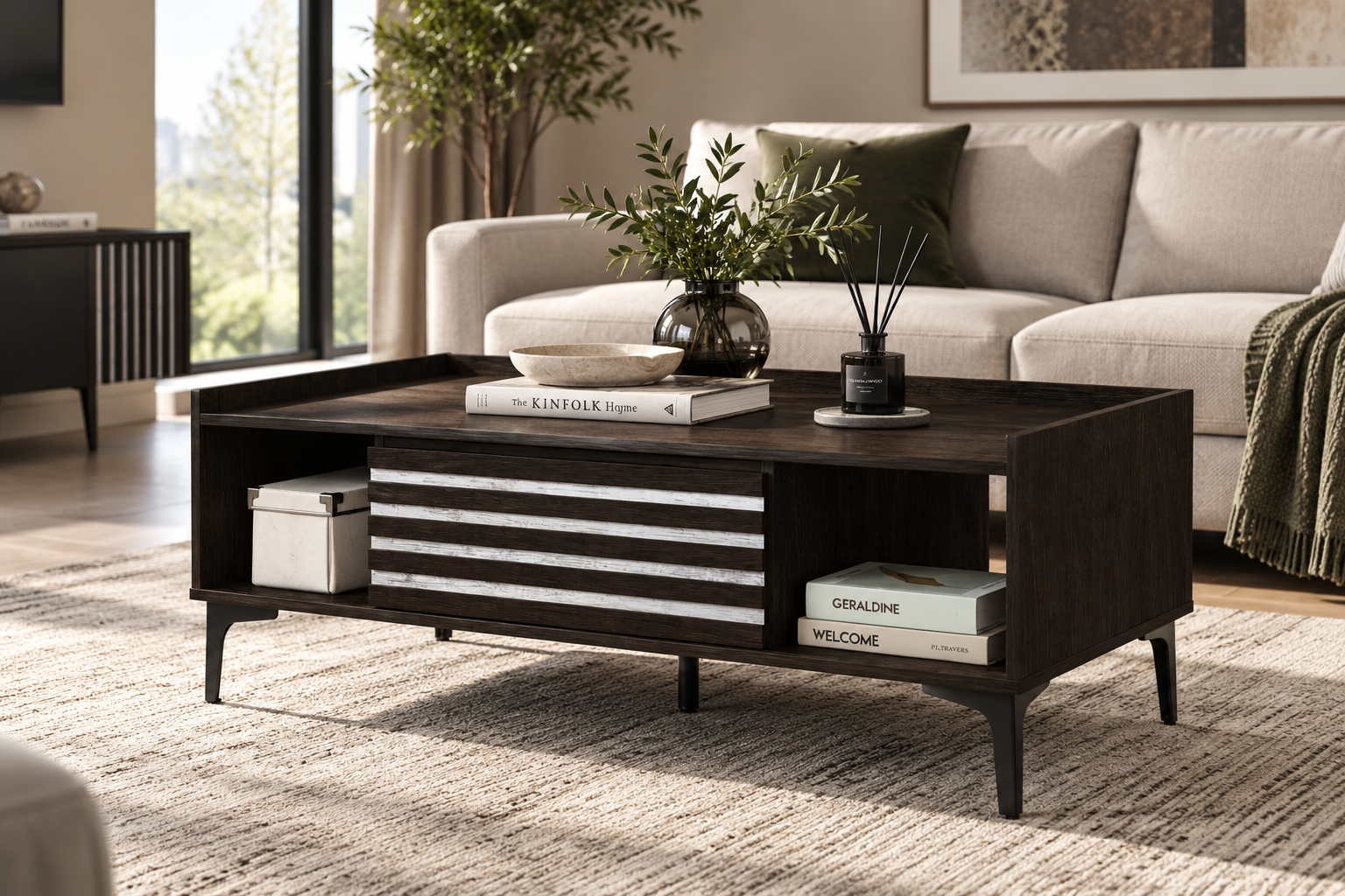 nodi-coffee-table Nodi coffee table in dark wood with white textured drawer fronts and open storage shelves
