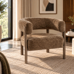 Novara brown textured upholstered accent chair with curved back and sleek metal frame