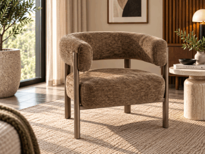 Novara brown textured upholstered accent chair with curved back and sleek metal frame