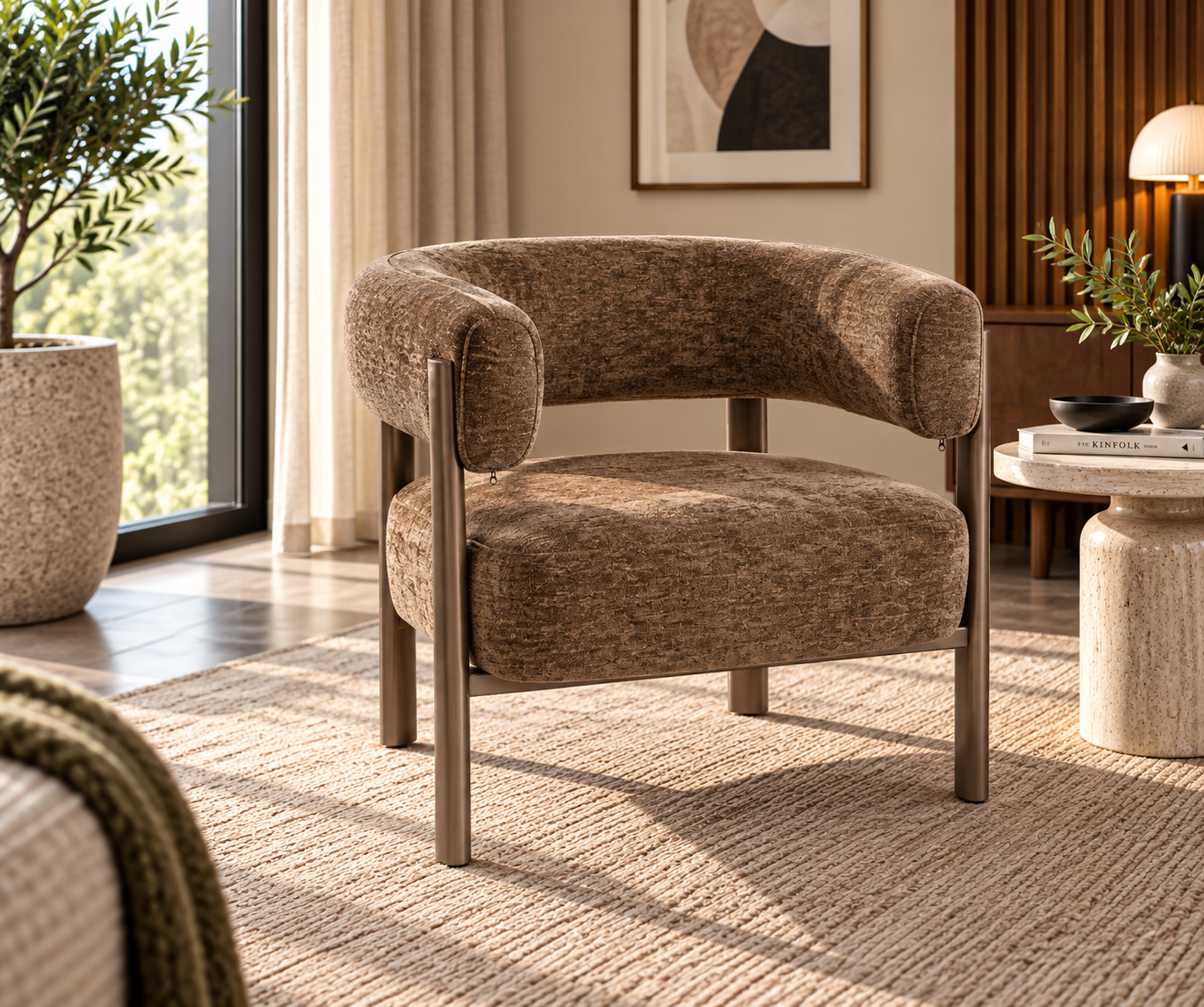 novara-accent Novara brown textured upholstered accent chair with curved back and sleek metal frame
