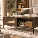 Osla coffee table in warm wood finish with geometric panel, open shelving and raised dark legs