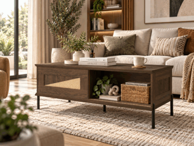 Osla coffee table in warm wood finish with geometric panel, open shelving and raised dark legs