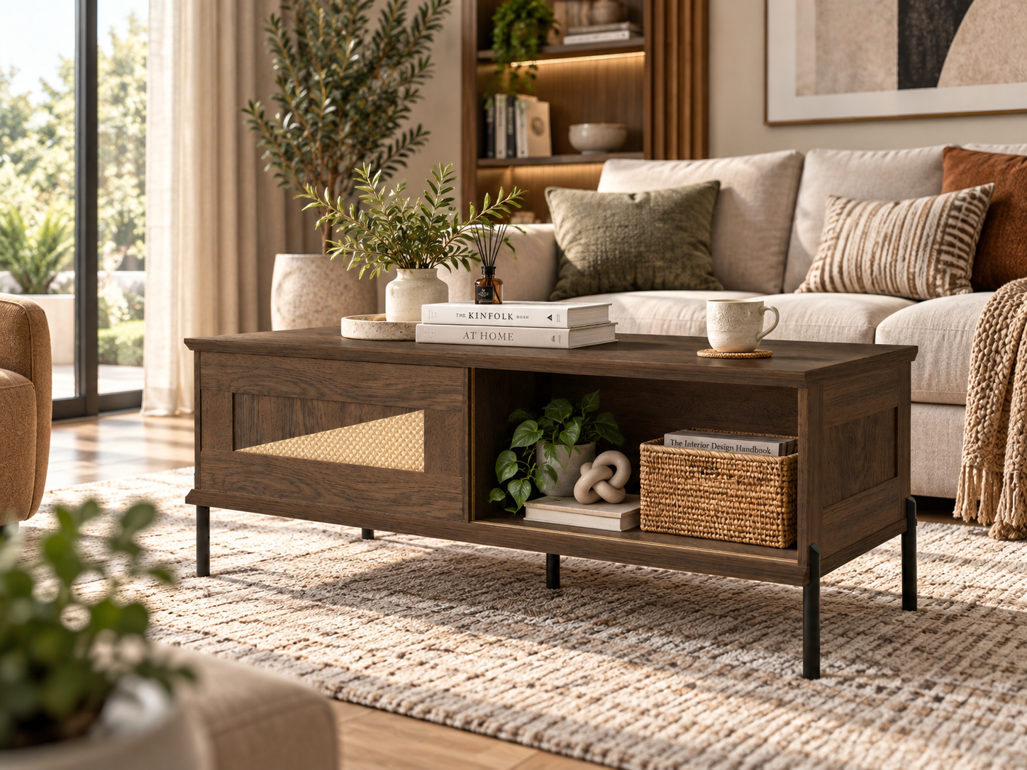 osla-coffee-table Osla coffee table in warm wood finish with geometric panel, open shelving and raised dark legs