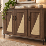 Osla four-door wooden shoe cabinet with woven-panel detailing and raised black legs
