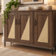 Osla four-door wooden shoe cabinet with woven-panel detailing and raised black legs